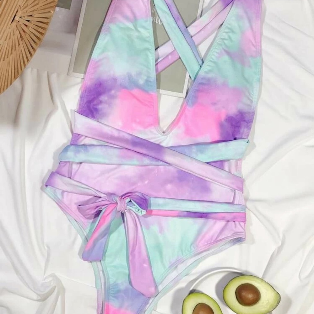 Wrap tie tiedye one piece swimsuit pink blue - Picture 2 of 3